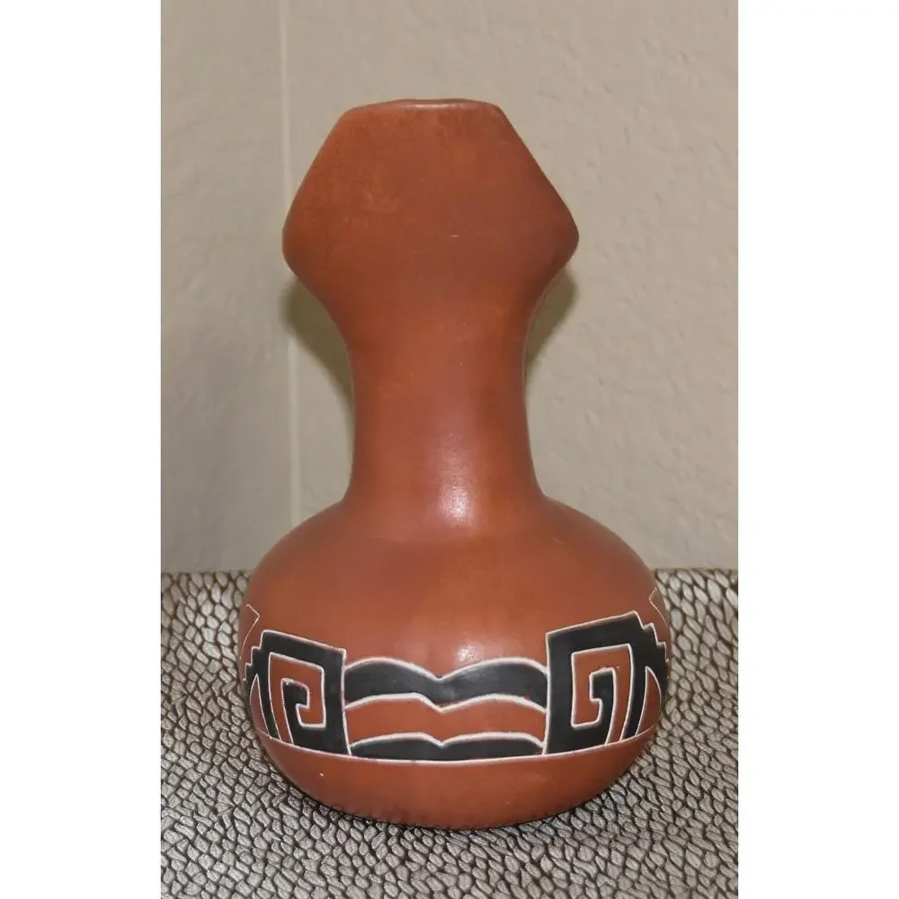Mexican Hand Crafted Aztec Design Water Jug Pitcher - Red Clay / Barro Rojo